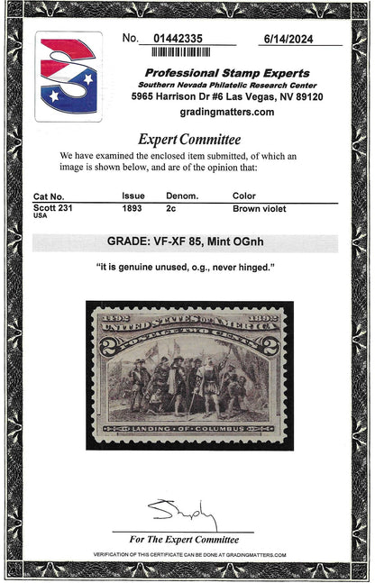 Scott #231 Mint NH Graded 85