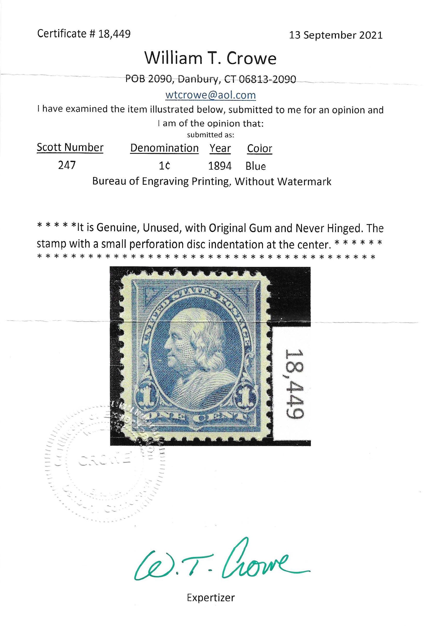 Scott #247 Mint NH with Certificate