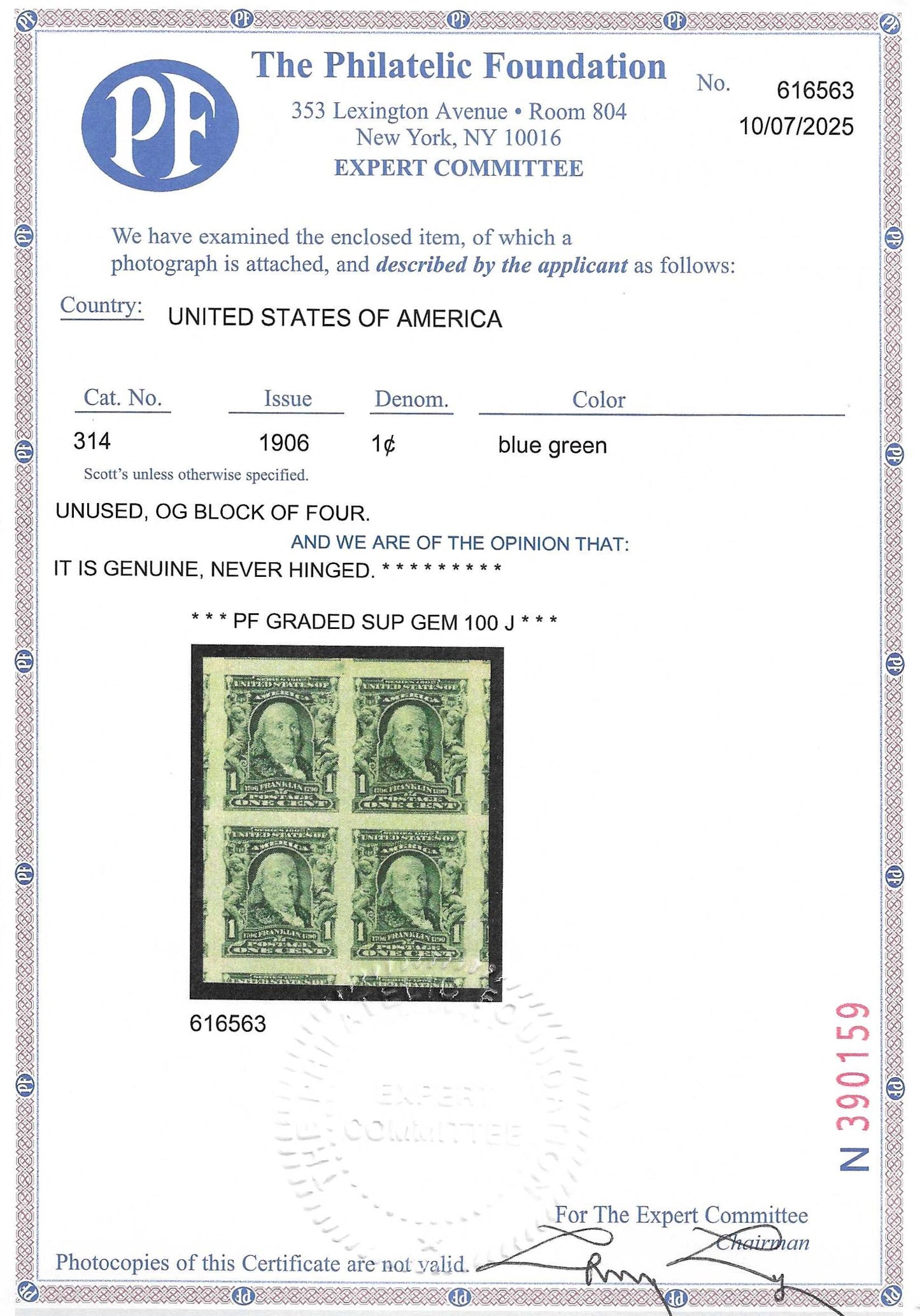 Scott #314 BL Mint NH Block of Four Graded 100J