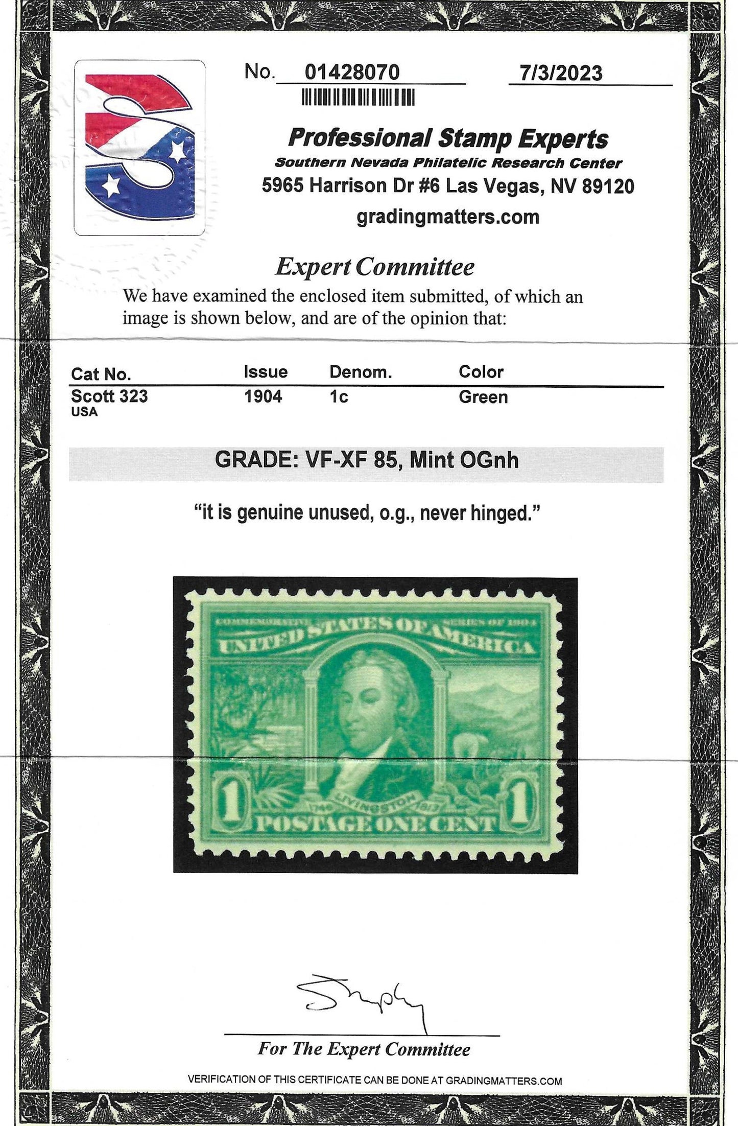 Scott #323 Mint NH Graded 85