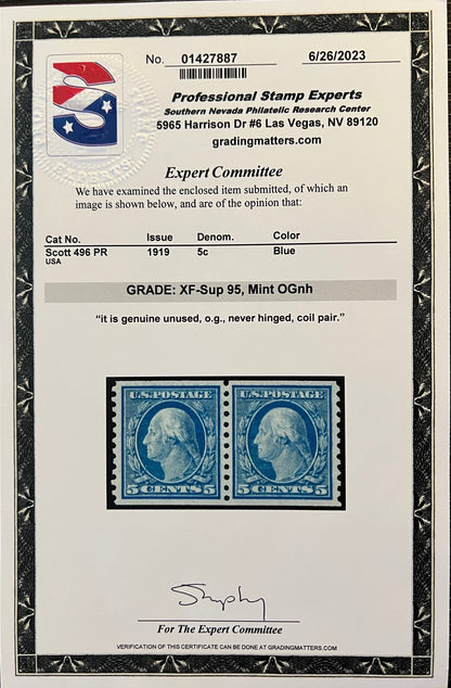 Scott #496 PR Mint NH Coil Pair Graded 95