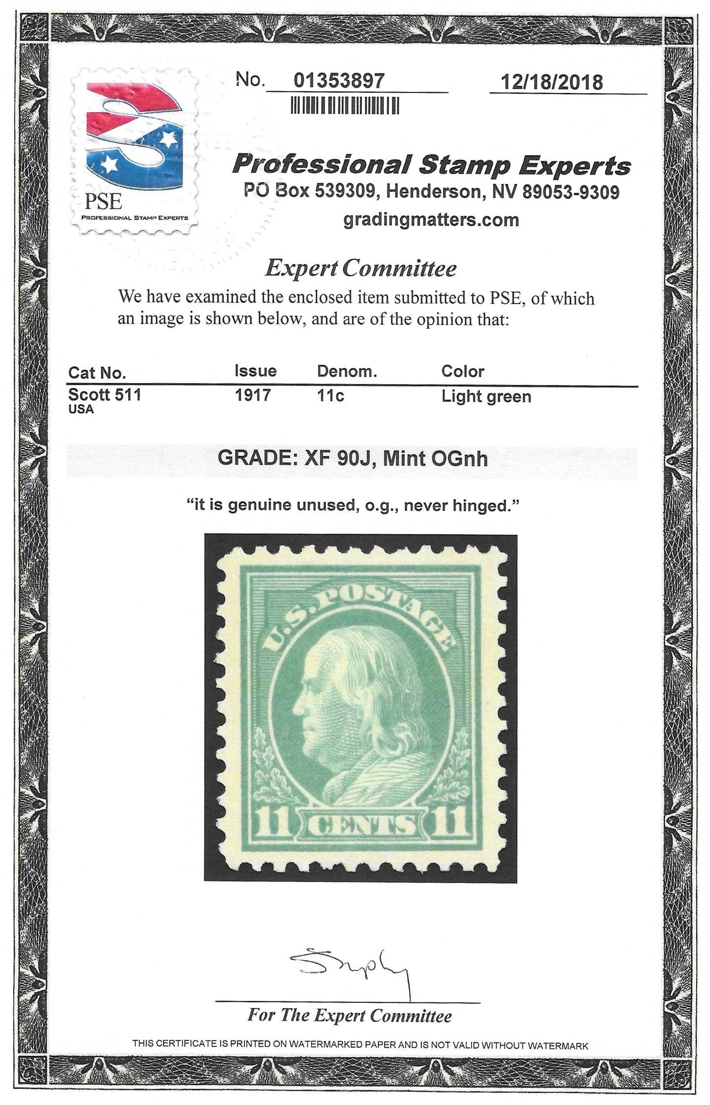 Scott #511 Mint NH Graded 90J