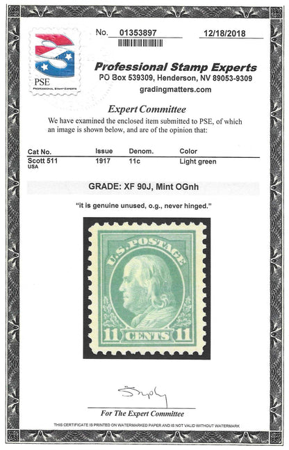Scott #511 Mint NH Graded 90J