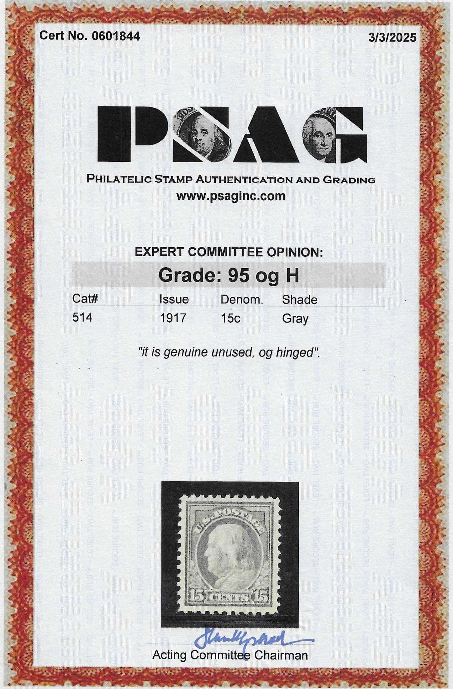 Scott #514 Mint PH Graded 95