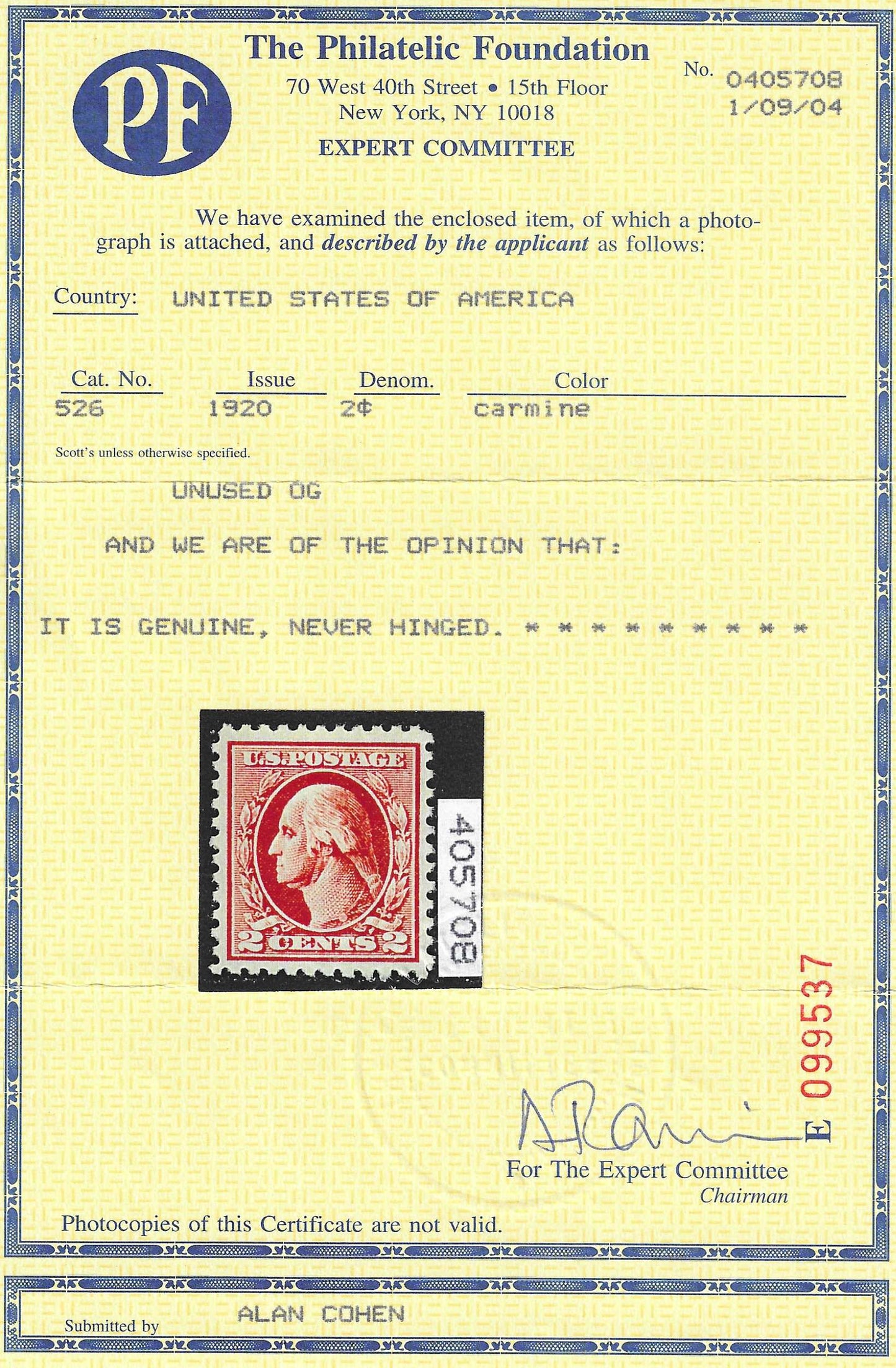 Scott #526 Mint NH Graded 85