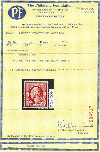 Scott #526 Mint NH Graded 85