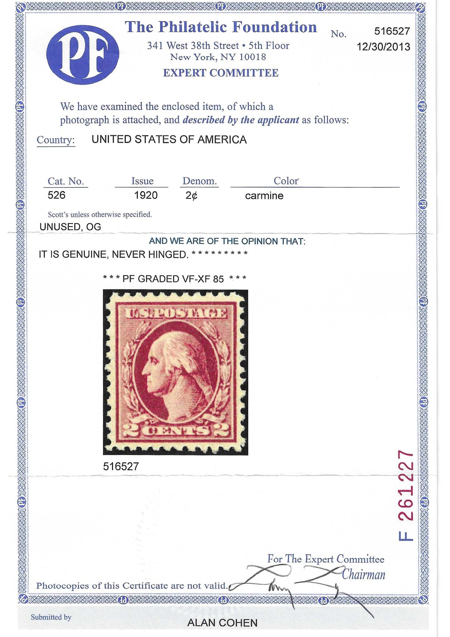 Scott #526 Mint NH Graded 85