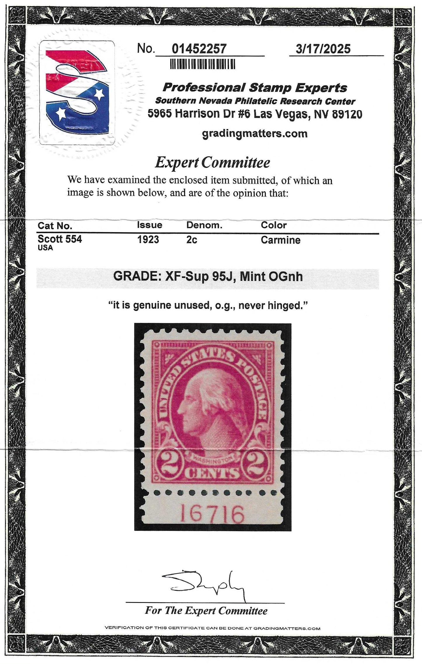 Scott #554 Plate Number Single Mint NH Graded 95J