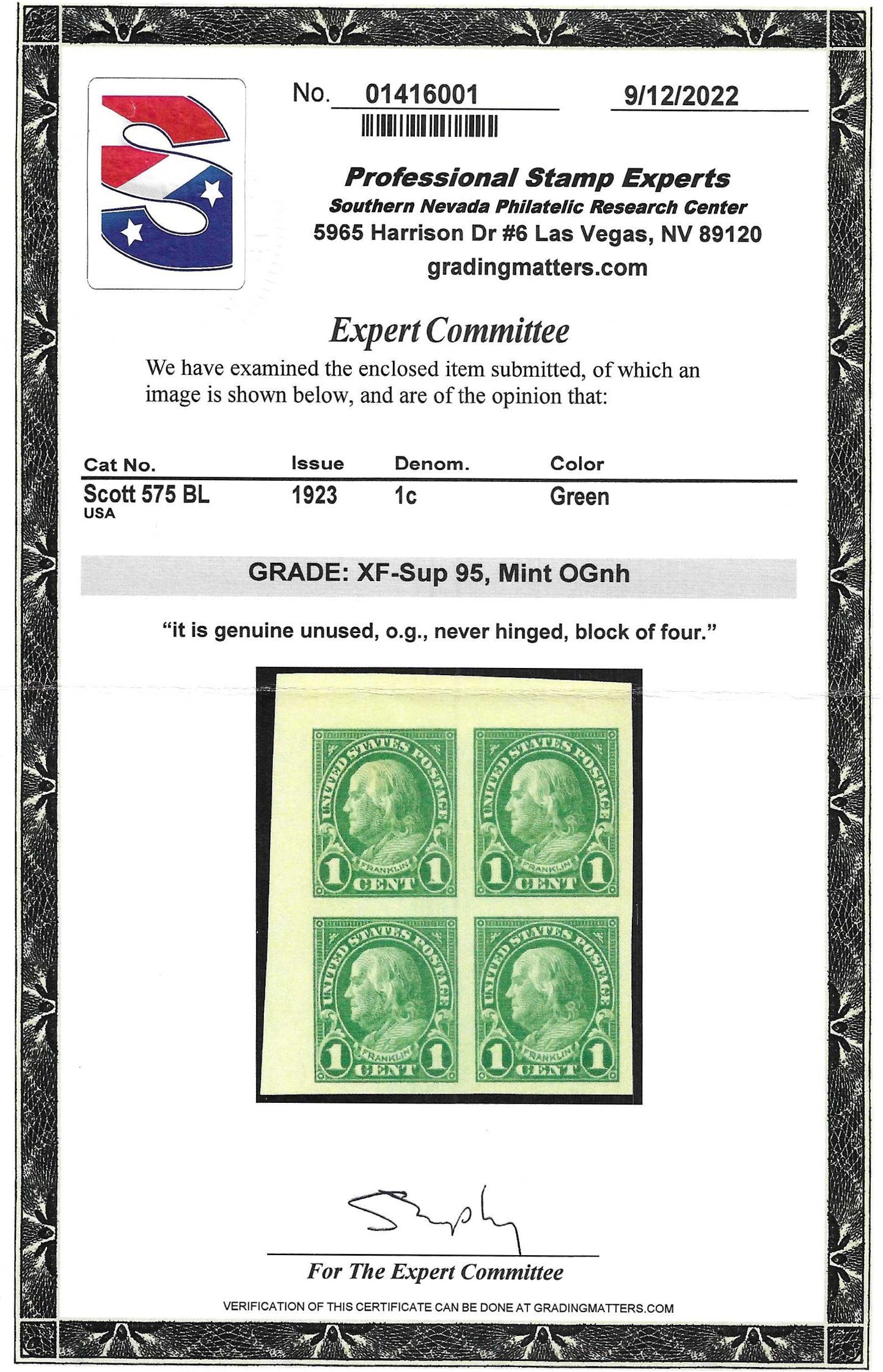 Scott #575 BL Mint NH Block of Four Graded 95