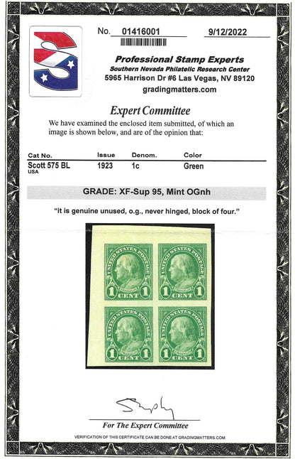 Scott #575 BL Mint NH Block of Four Graded 95
