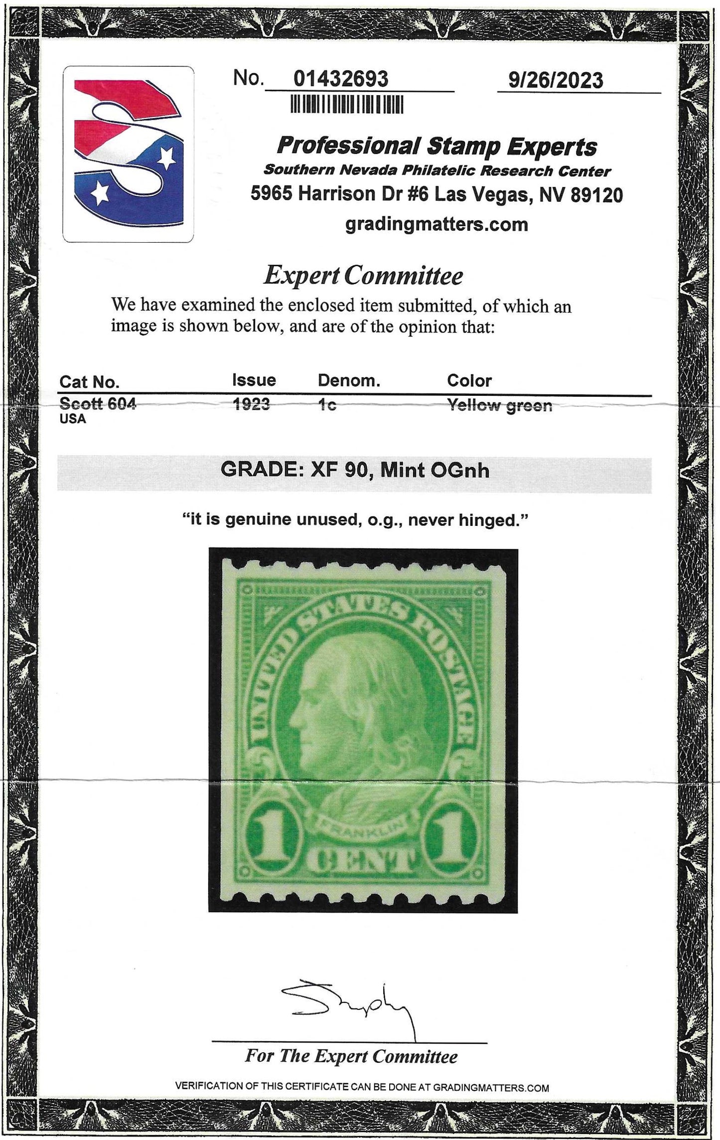 Scott #604 Mint NH Graded 90