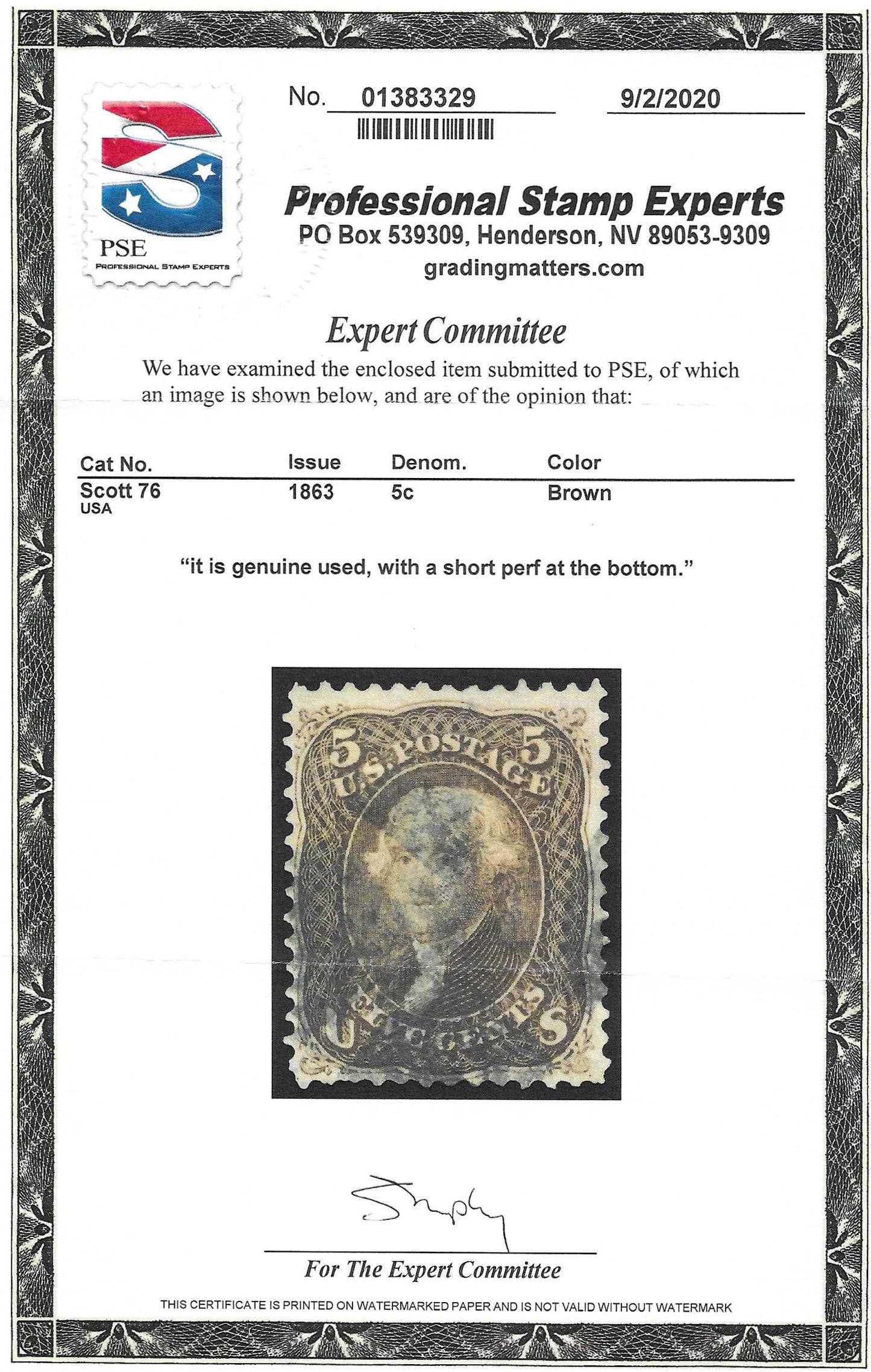 Scott #76 Used with Certificate