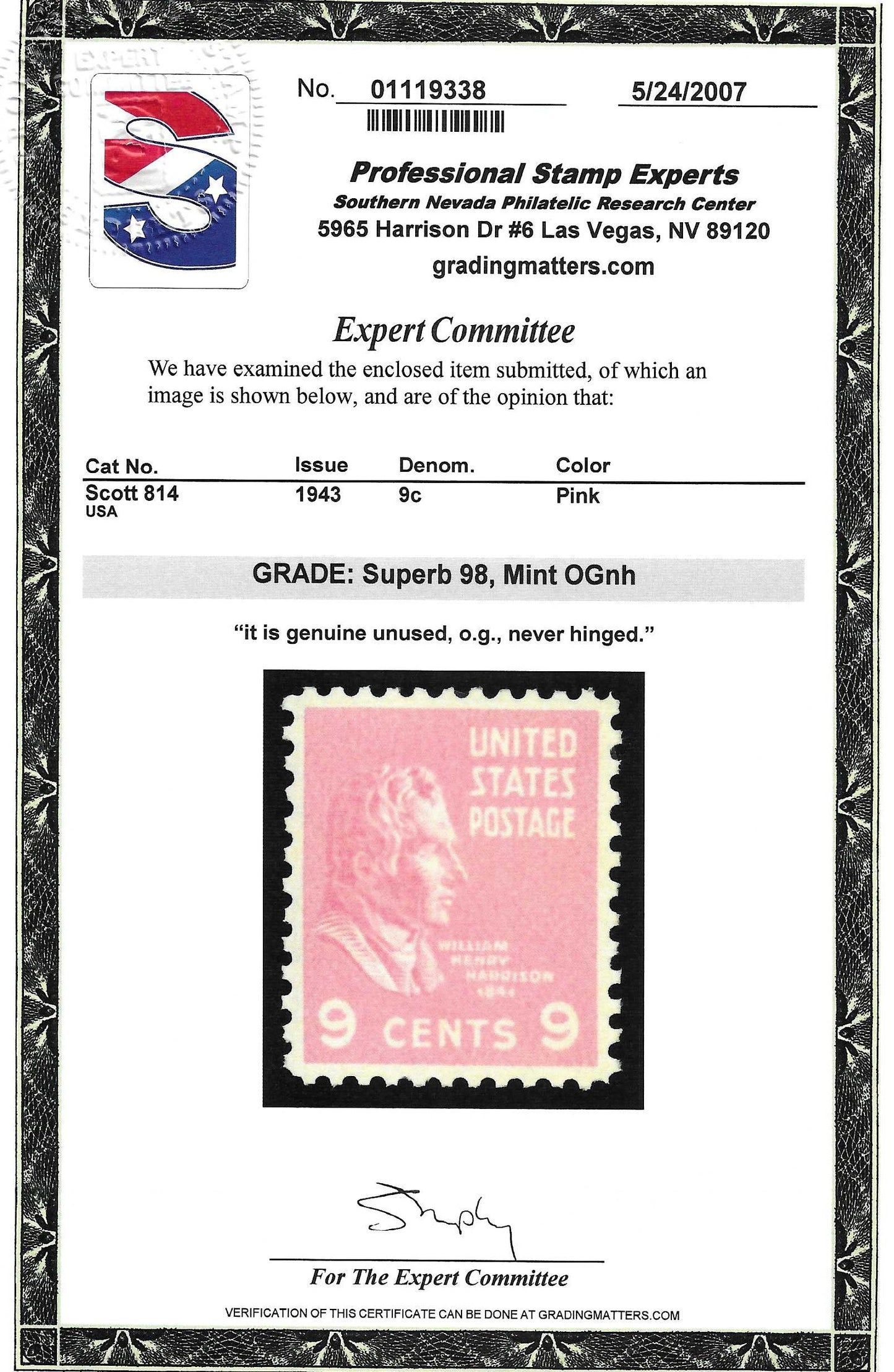 Scott #814 Mint NH Graded 98