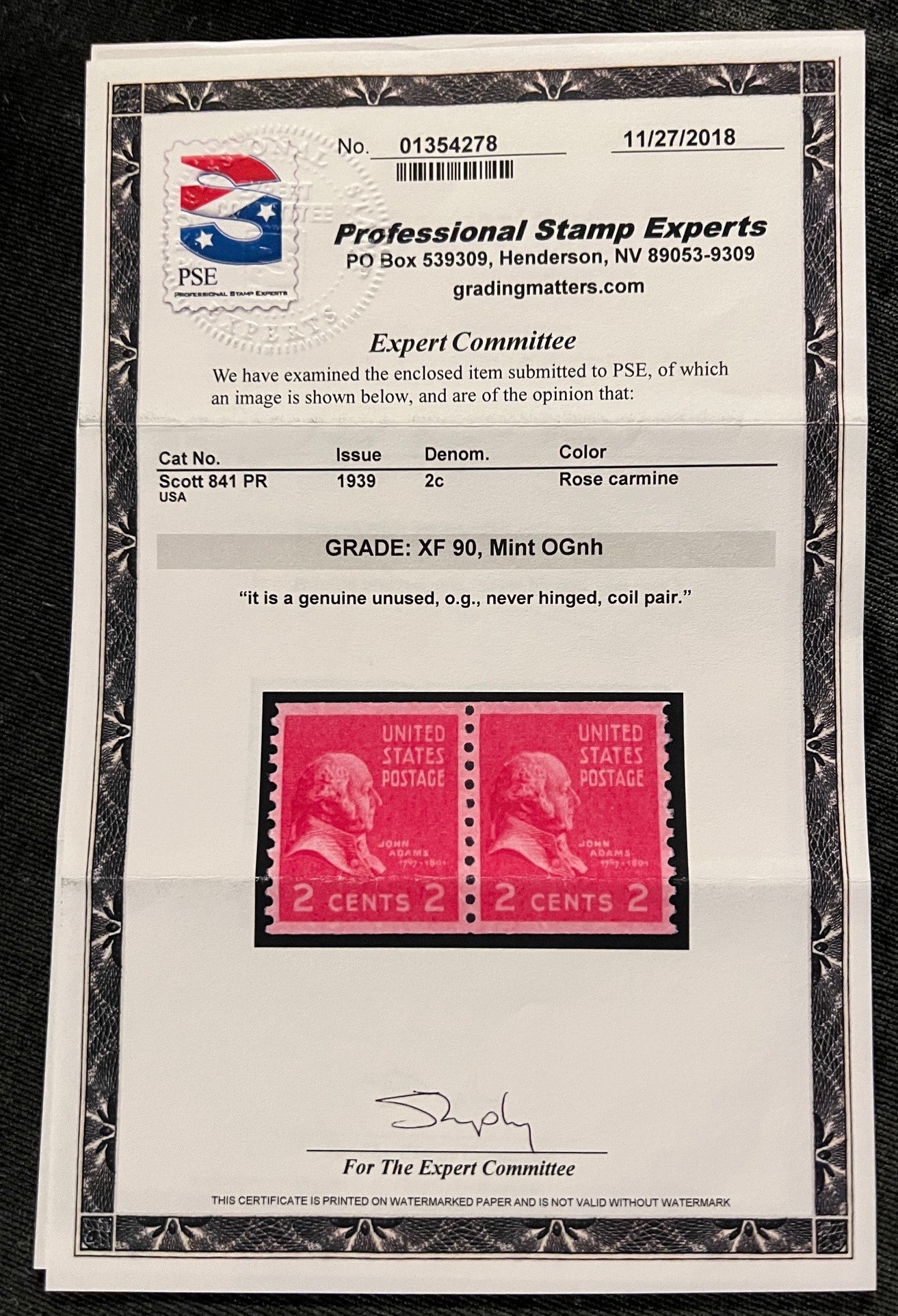 Scott #841 PR Mint NH Coil Pair Graded 90