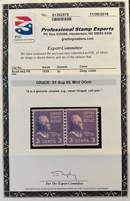 Scott #842 PR Mint NH Coil Pair Graded 95