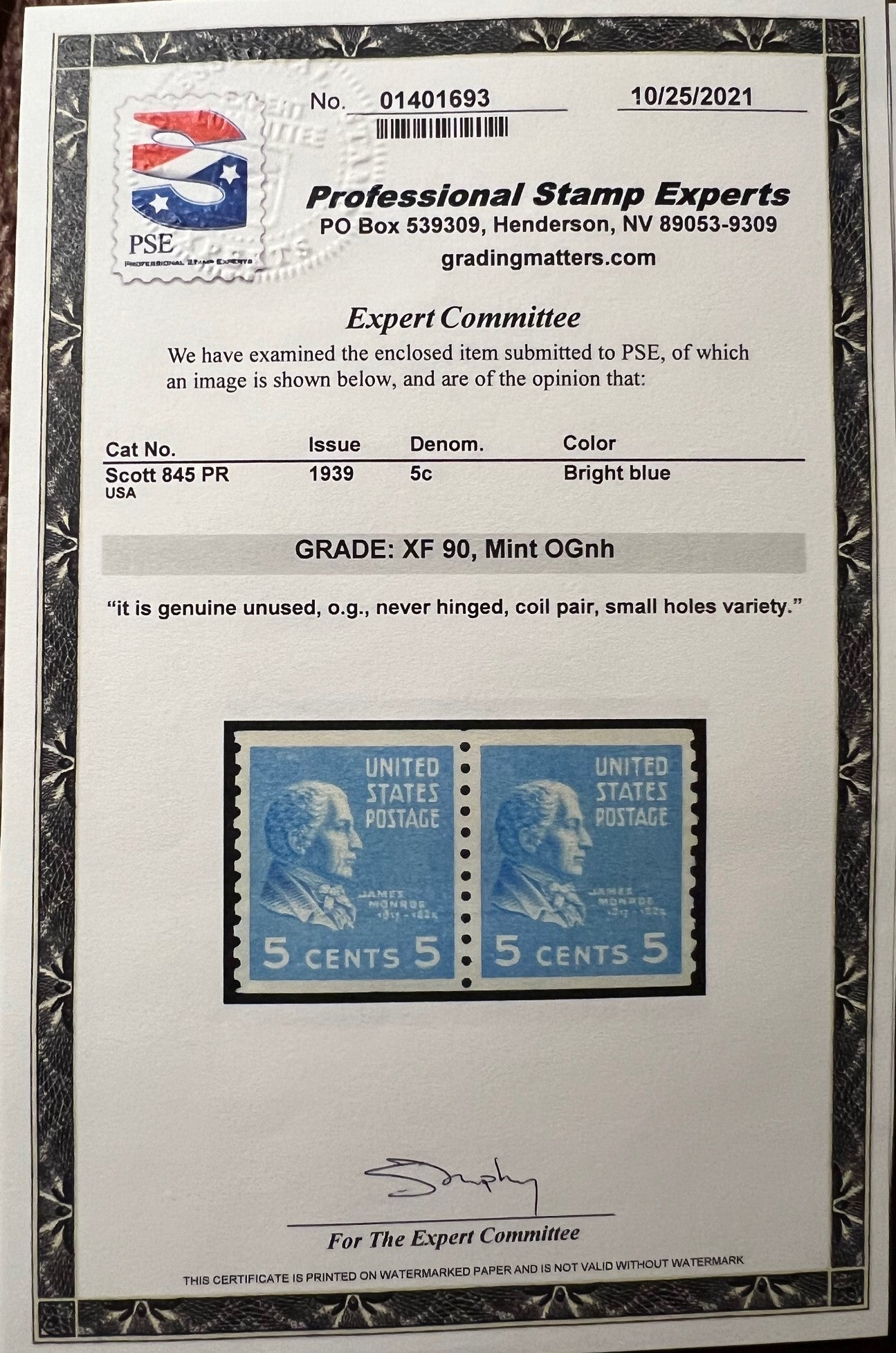 Scott #845 PR Mint NH Coil Pair Graded 90