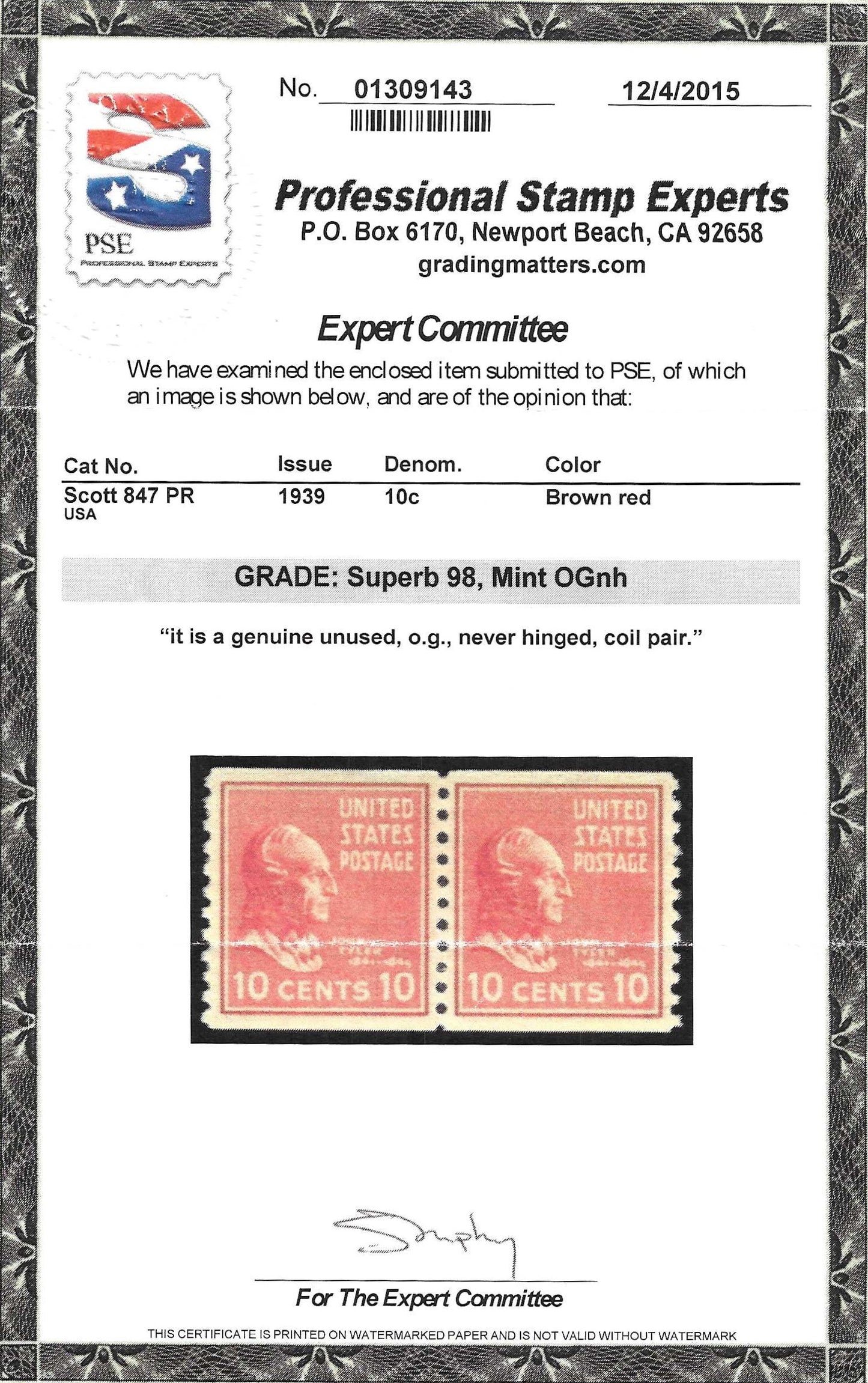 Scott #847 PR Mint NH Coil Pair Graded 98