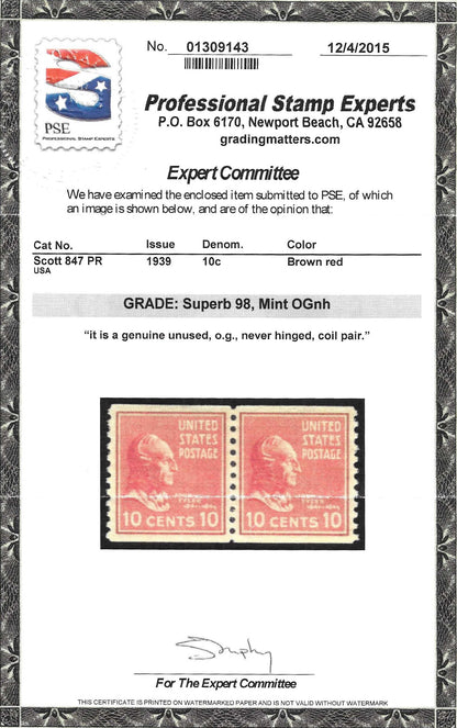 Scott #847 PR Mint NH Coil Pair Graded 98