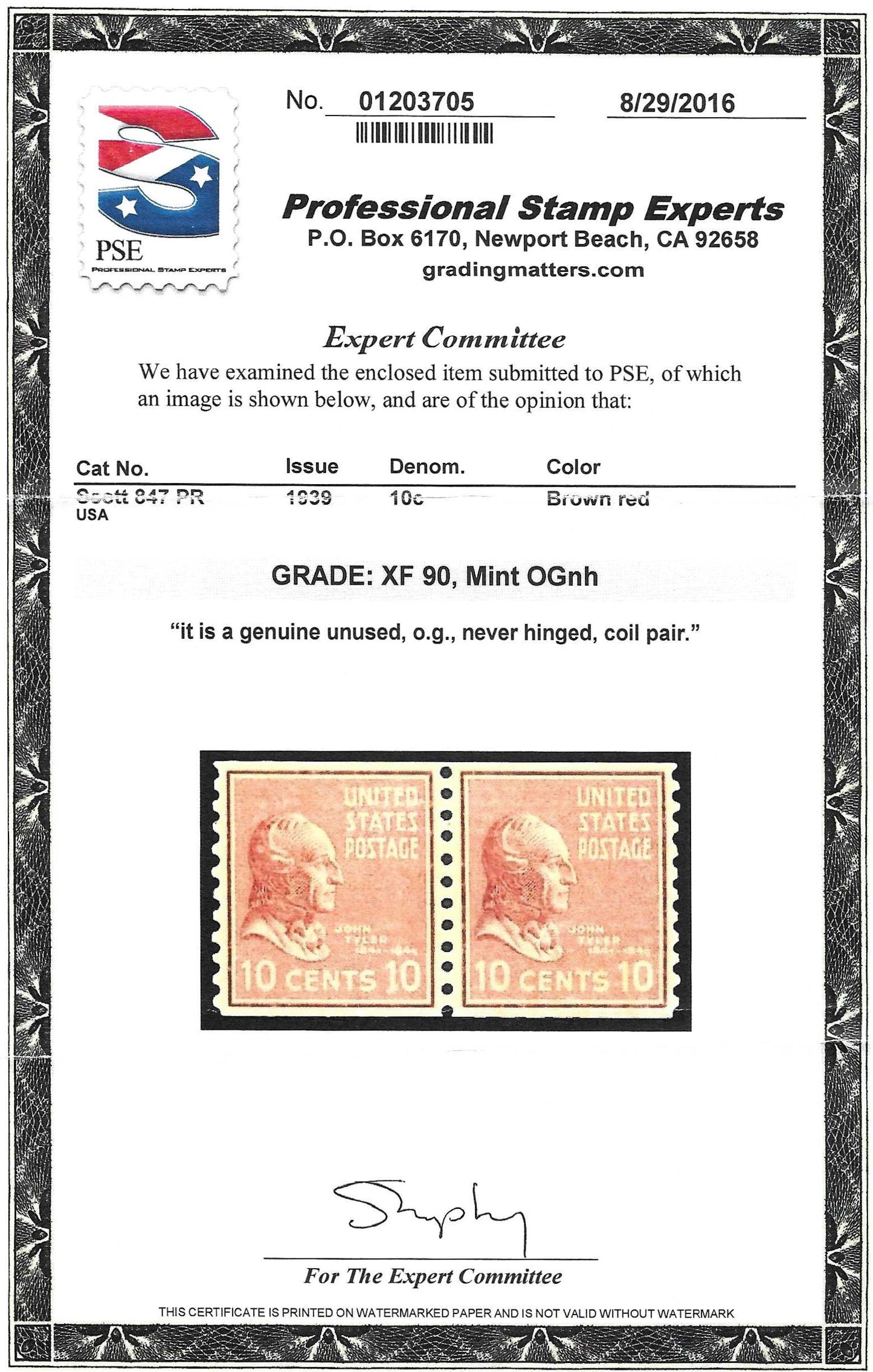 Scott #847 PR Mint NH Coil Pair Graded 90