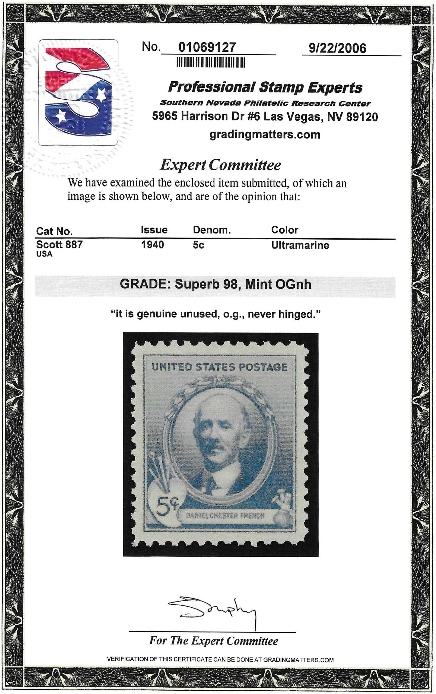 Scott #887 Mint NH Graded 98