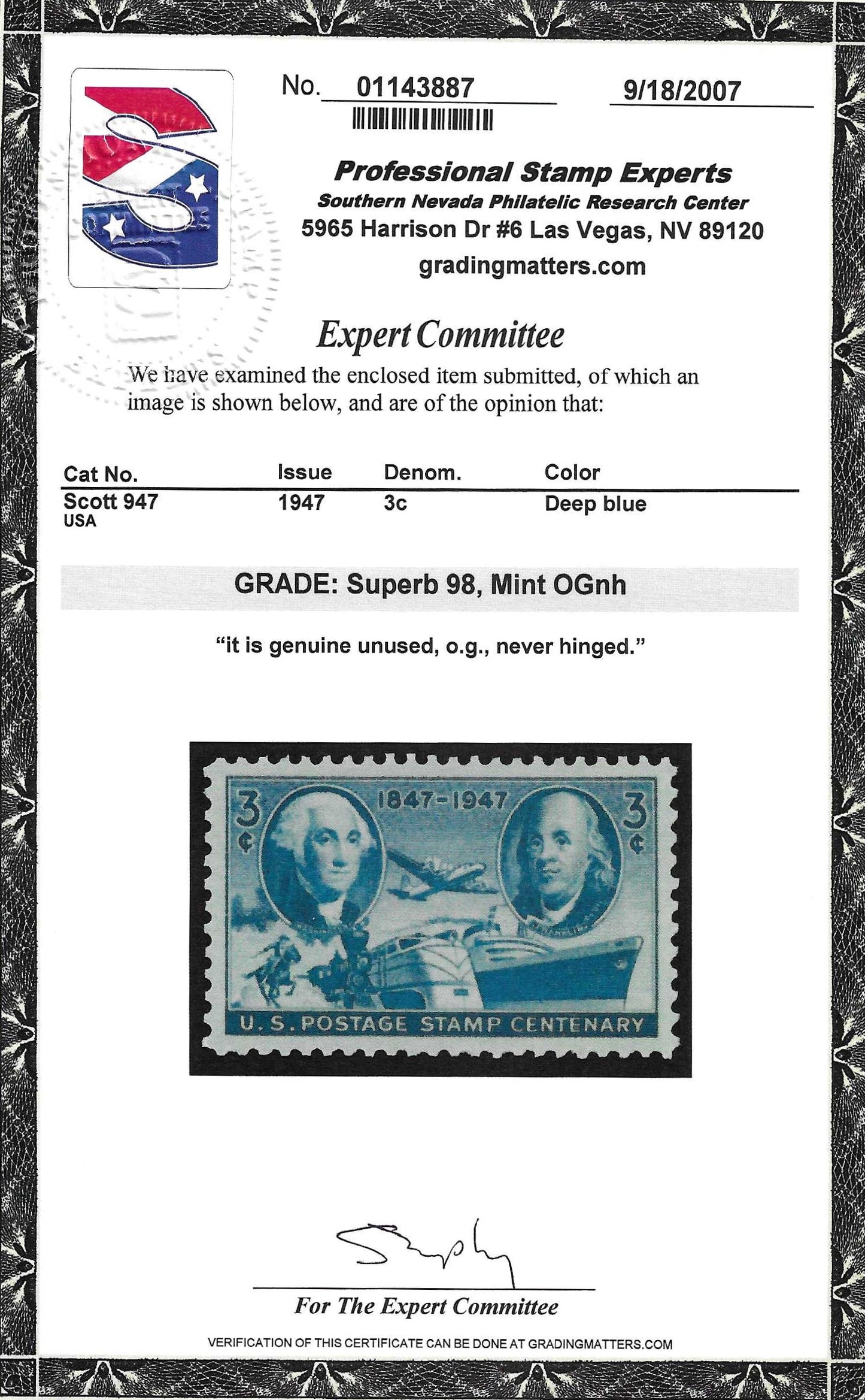 Scott #947 Mint NH Graded 98