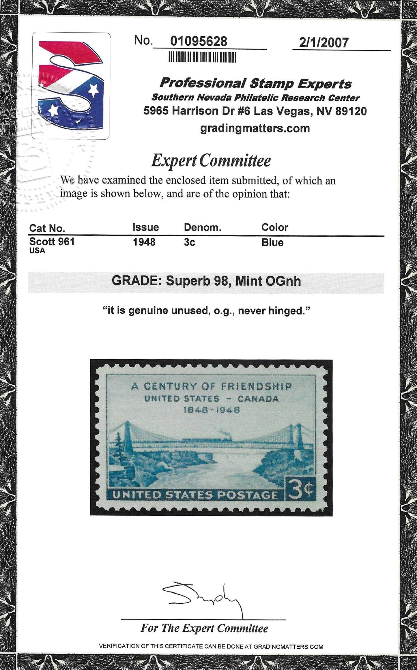 Scott #961 Mint NH Graded 98