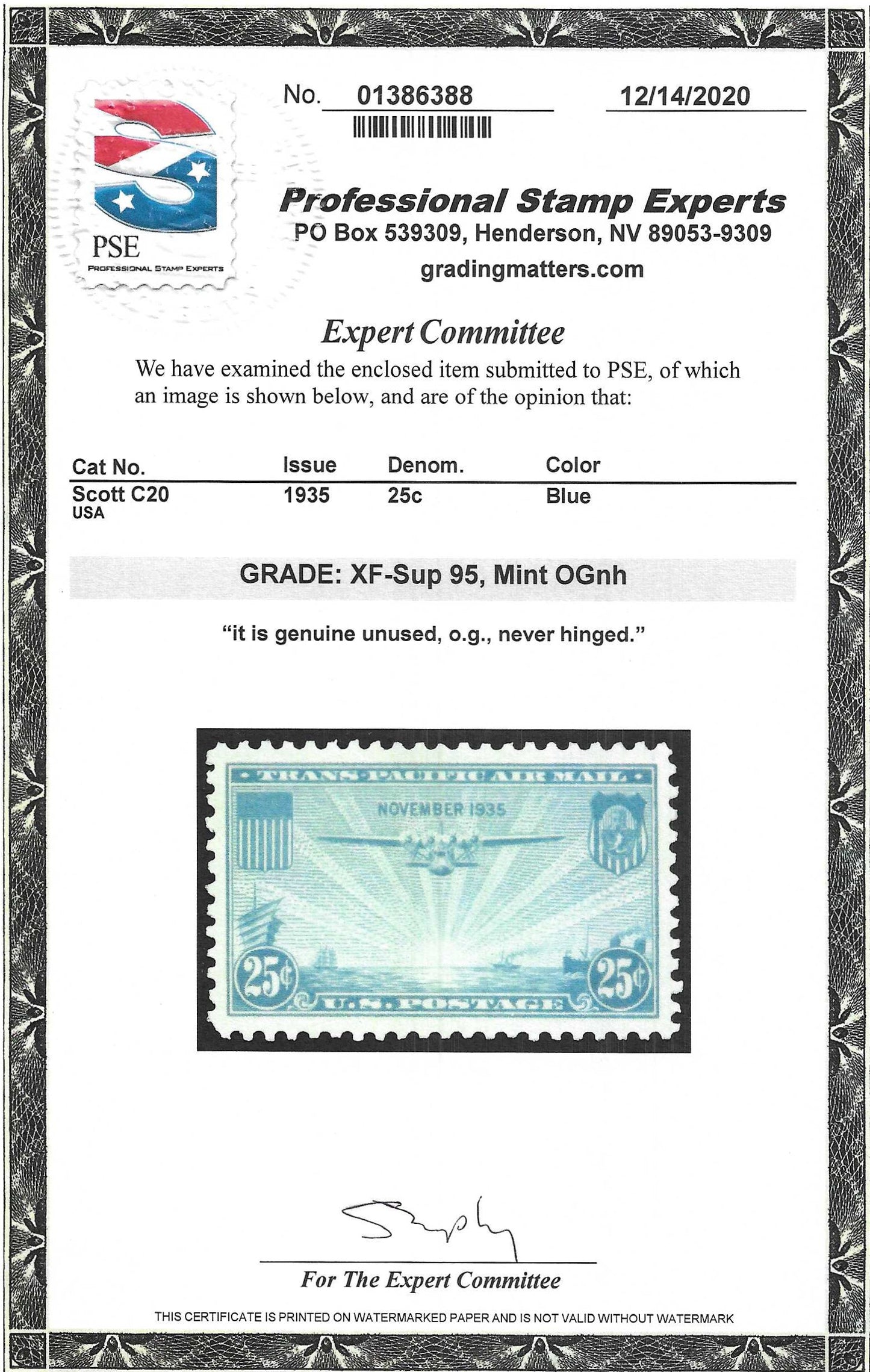 Scott #C20 Airmail Mint NH Graded 95