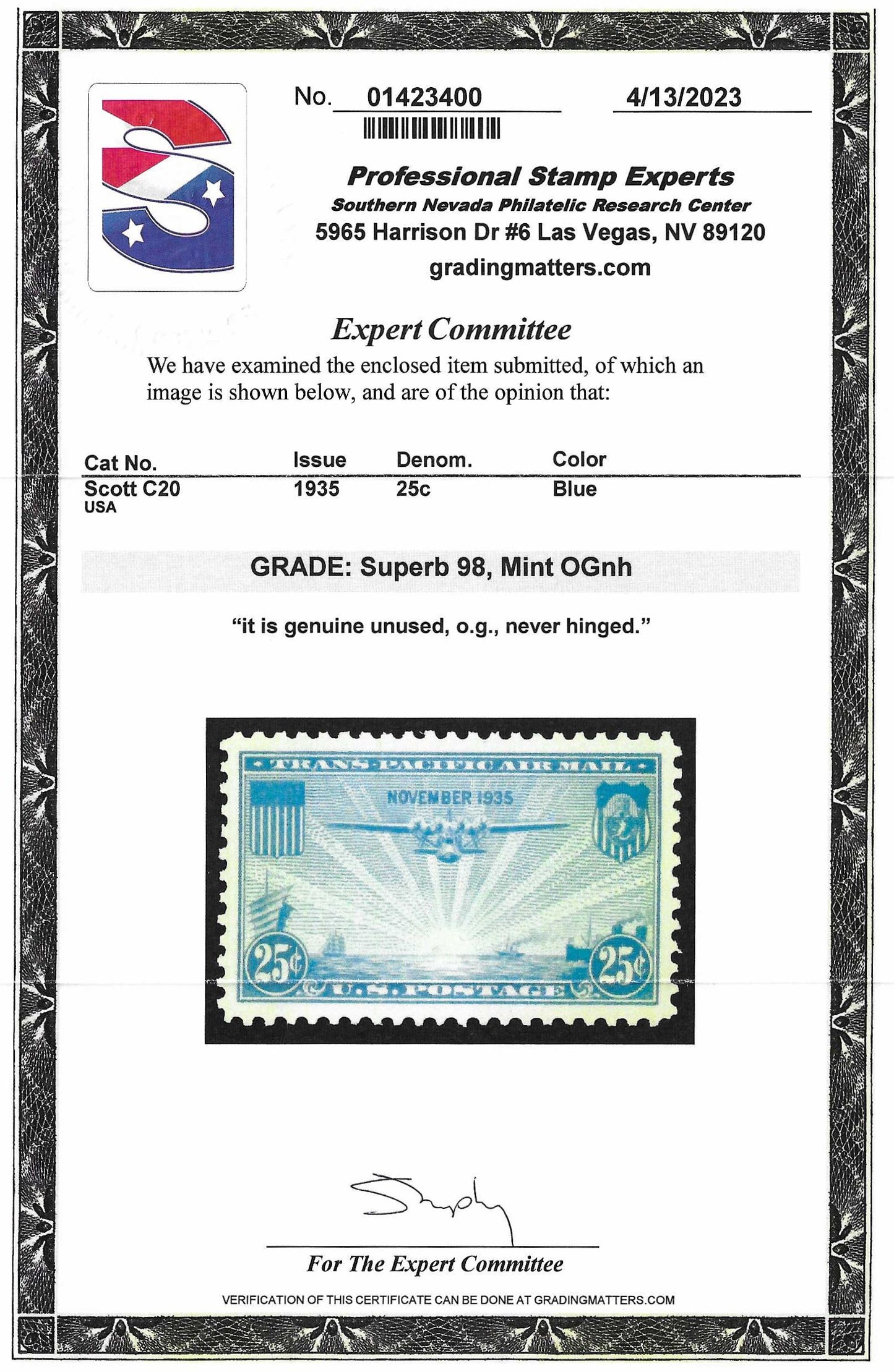 Scott #C20 Airmail Mint NH Graded 98