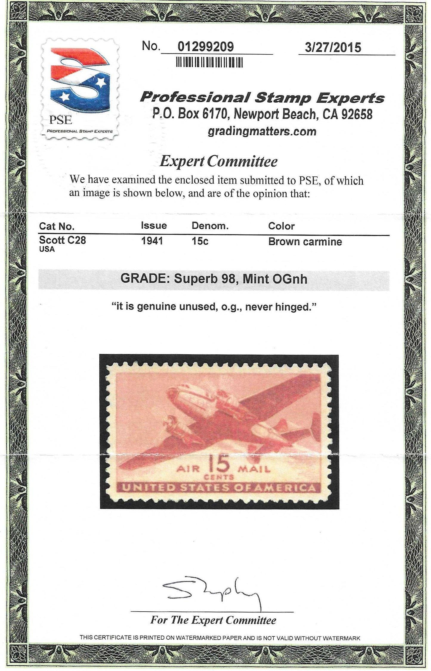 Scott #C28 Airmail Mint NH Graded 98