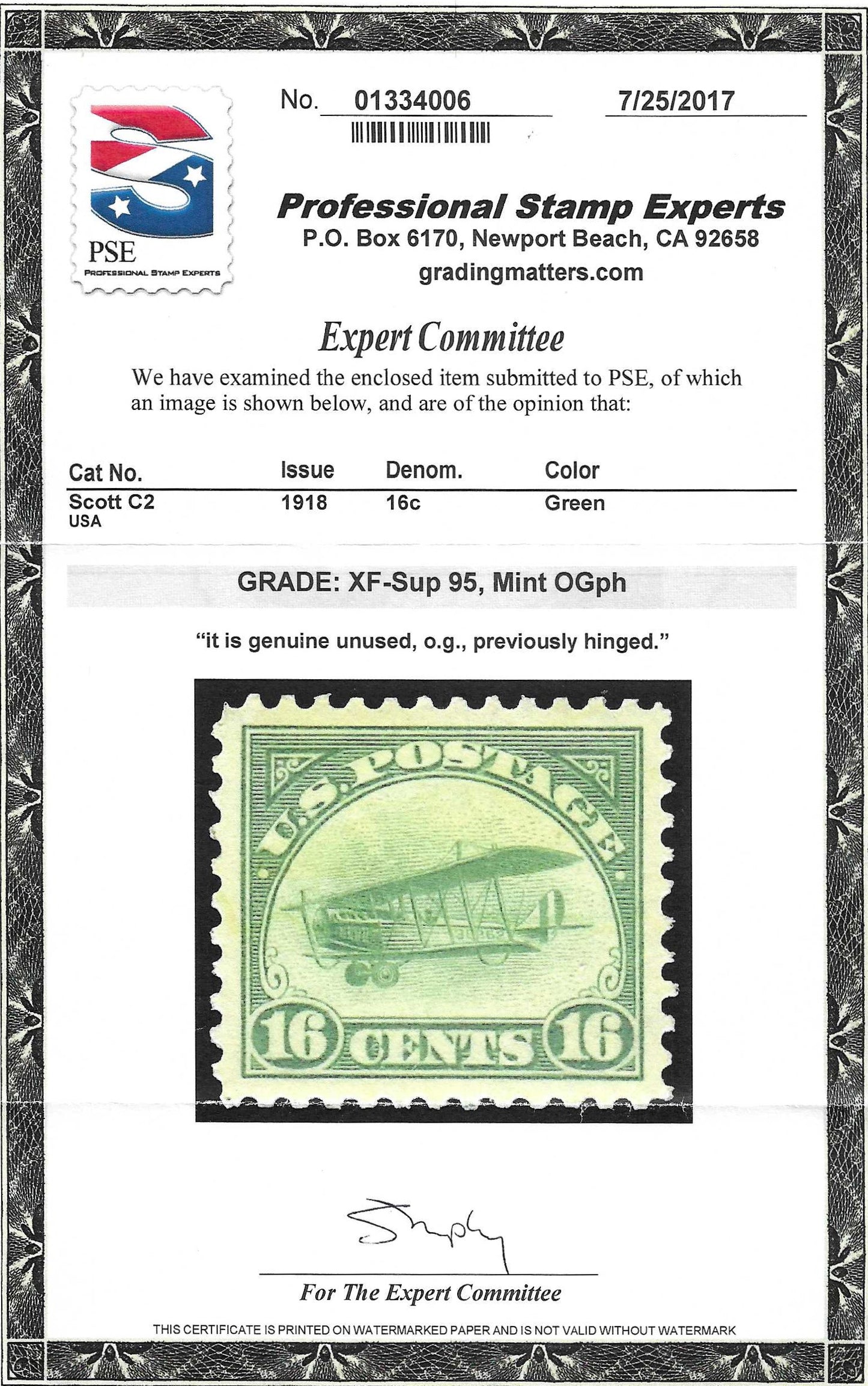 Scott #C2 Airmail Mint PH Graded 95