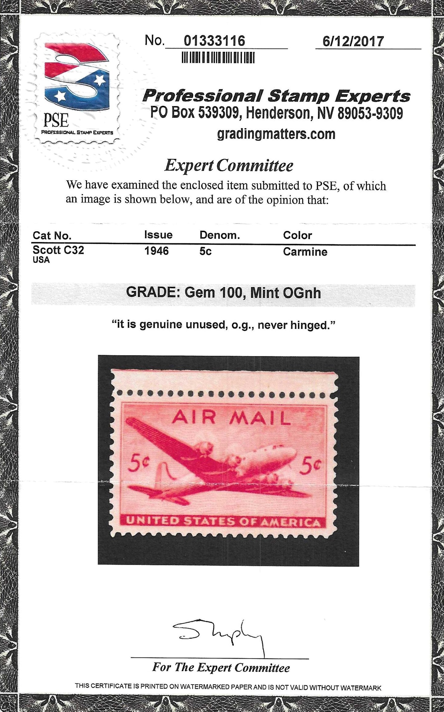 Scott #C32 Airmail Mint NH Graded 100