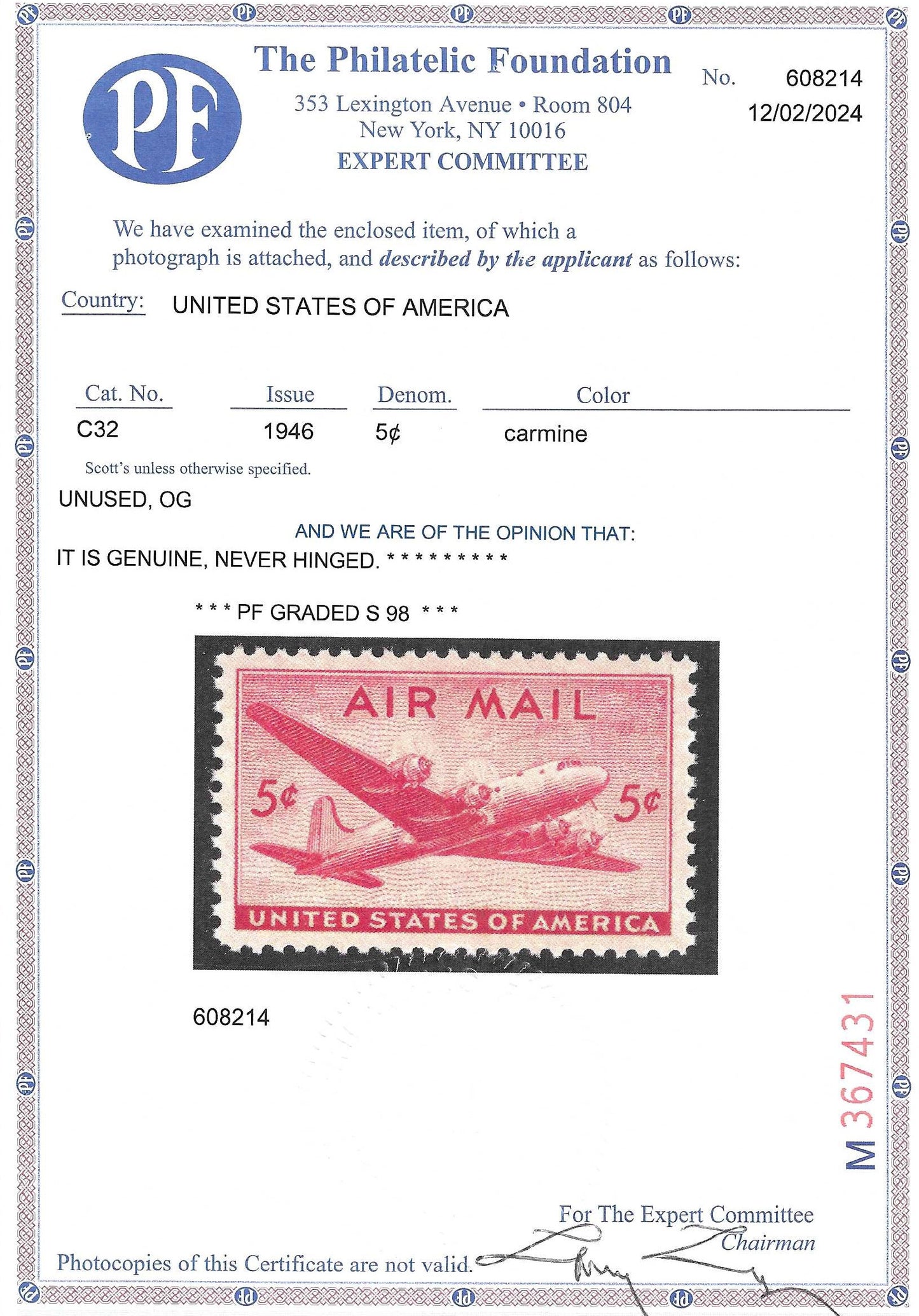 Scott #C32 Airmail Mint NH Graded 98