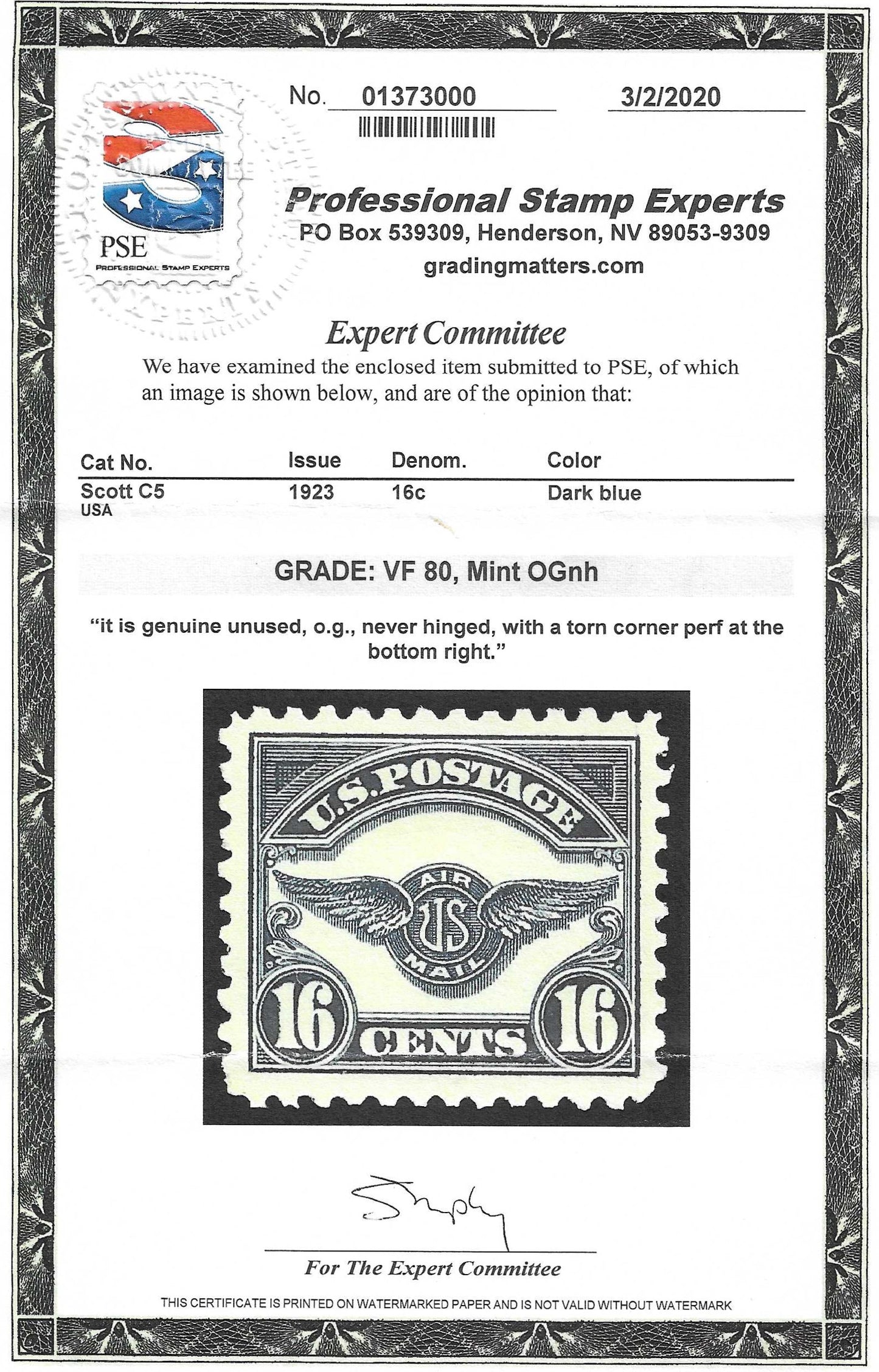 Scott #C5 Airmail Mint NH Graded 80