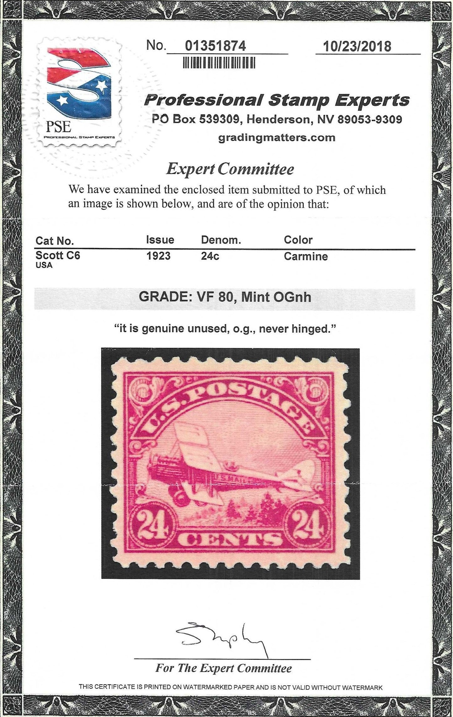 Scott #C6 Airmail Mint NH Graded 80