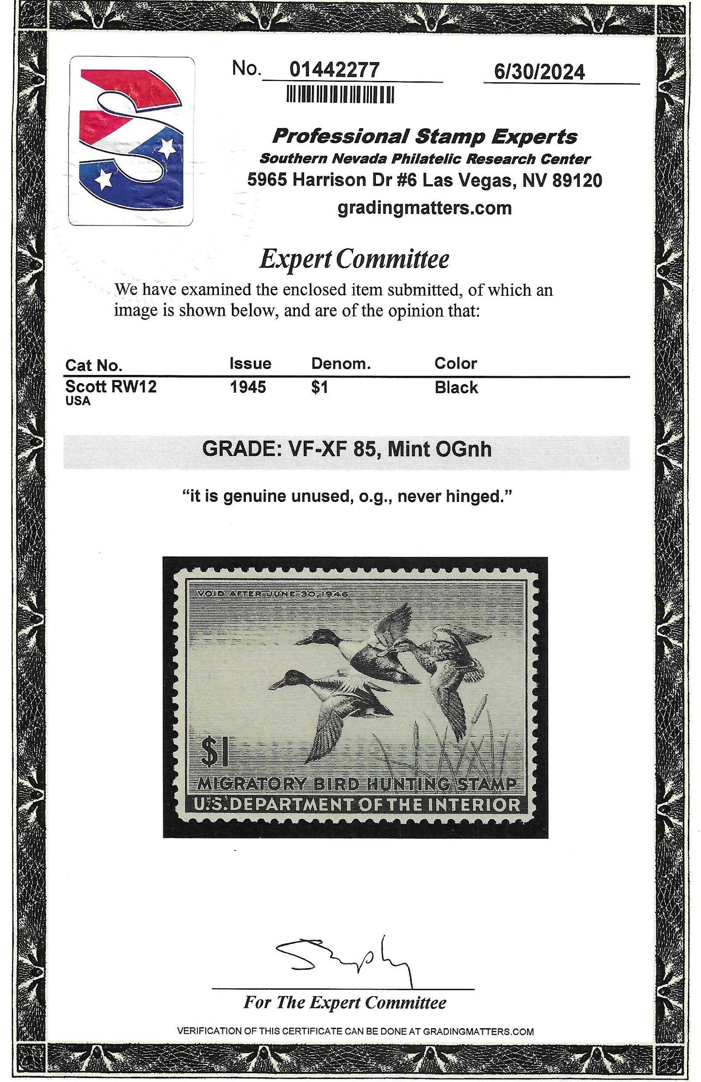 Scott #RW12 Duck Hunting Mint NH Graded 85