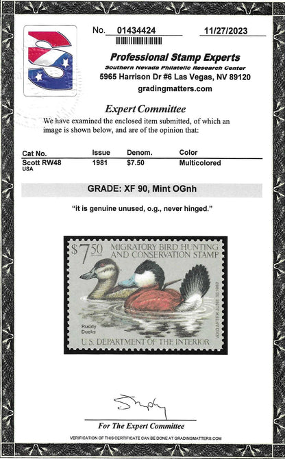 Scott #RW48 Duck Hunting Mint NH Graded 90